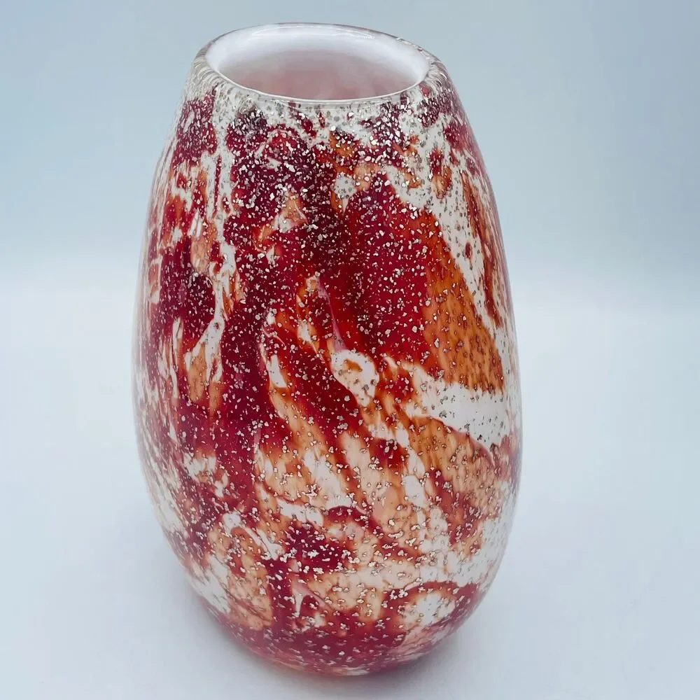 Vintage Red White Silver Specked Zorza Handmade Polish Art Glass Decorative Vase
